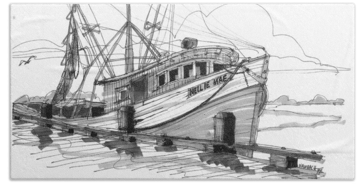 Fishing Boat Bath Towel featuring the drawing Nellie Mae Fishing Boat by Richard Wambach