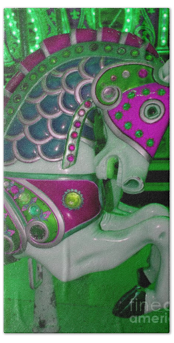 Carousel Hand Towel featuring the digital art Neon Green Carousel Horse by Patty Vicknair