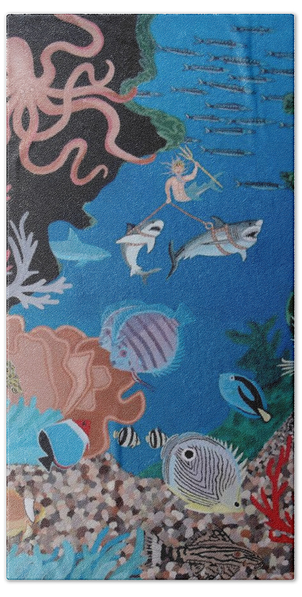 Fish Bath Towel featuring the painting Neptune Spot and Fifi by Anthony Morris