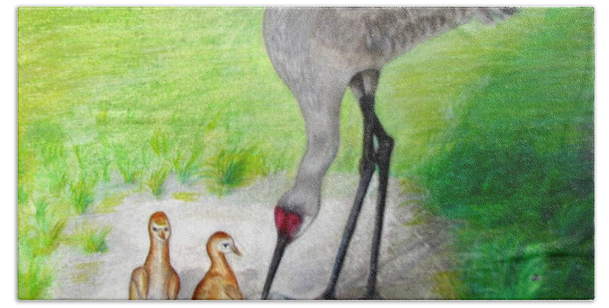 Birds Hand Towel featuring the drawing New Hatchlings Sandhill Crane Chicks by Zina Stromberg