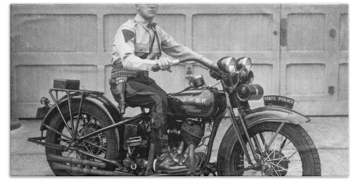 1930 Bath Towel featuring the photograph New Jersey Motorcycle Trooper by Underwood Archives