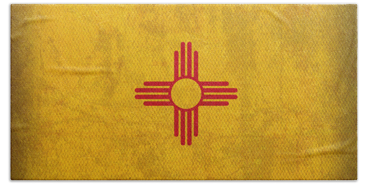 New Mexico State Flag Art On Worn Canvas Bath Towel featuring the mixed media New Mexico State Flag Art on Worn Canvas by Design Turnpike