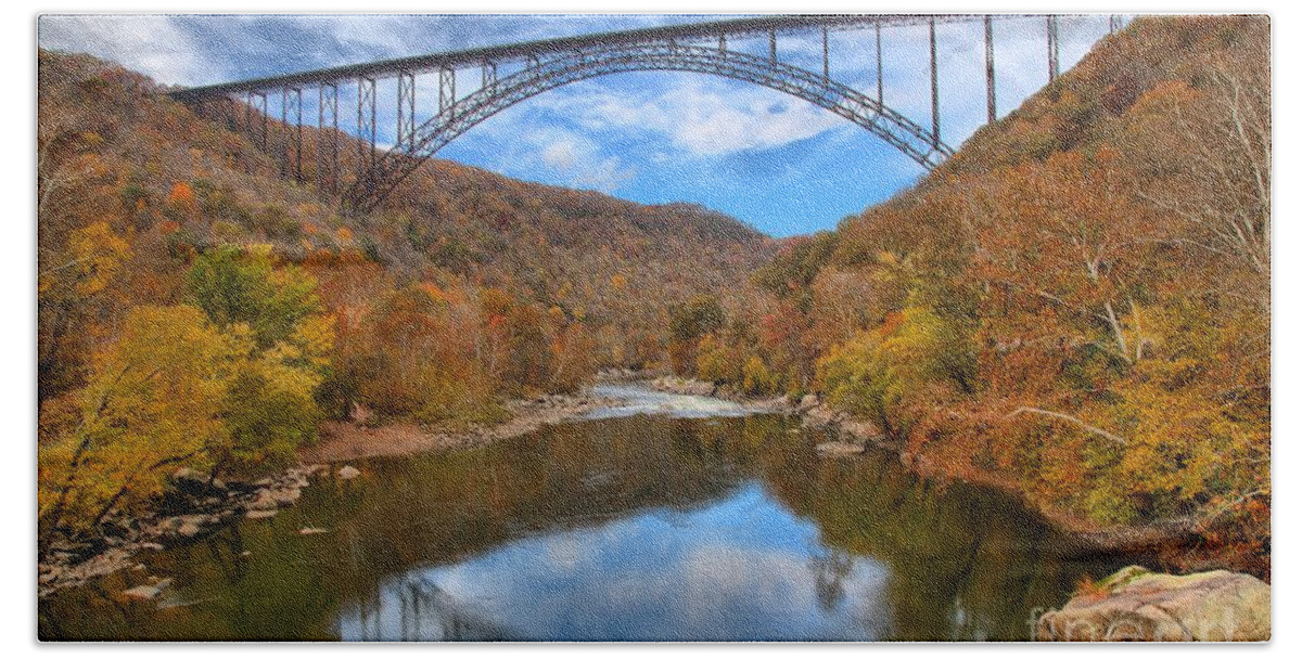 New River Bath Towel featuring the photograph New River Gorge Reflections by Adam Jewell