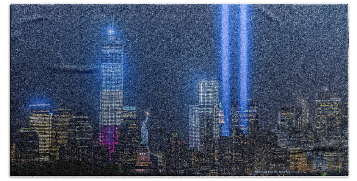 Tribute In Light Hand Towel featuring the photograph New York City Tribute In Lights by Susan Candelario