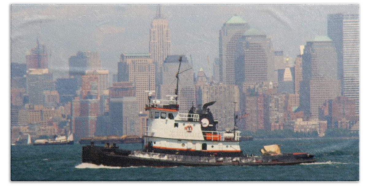 Tug Boat Hand Towel featuring the photograph New York City Tug Boat by Anthony Morretta