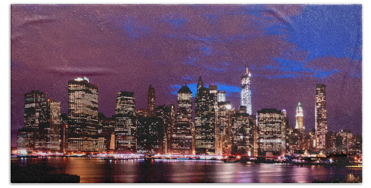 New York Hand Towel featuring the photograph New York Skyline Magic Hour-- from Brooklyn Heights Promenade by Mitchell R Grosky