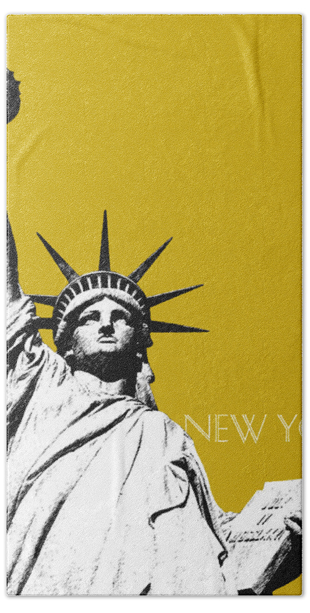 Architecture Bath Towel featuring the digital art New York Skyline Statue of Liberty - Gold by DB Artist