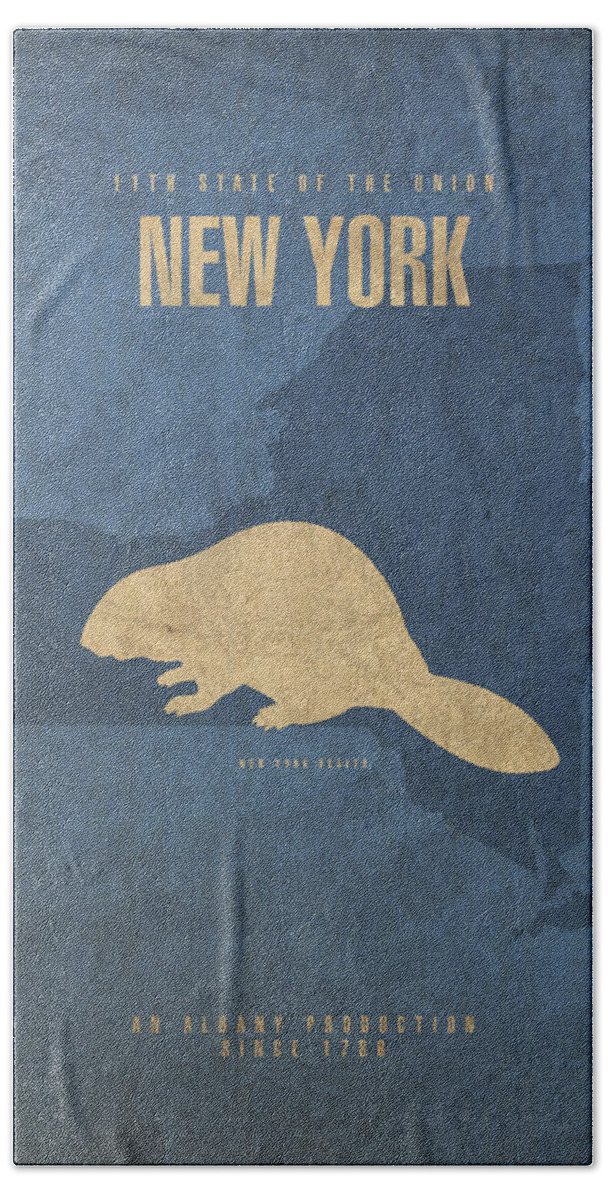 New York Hand Towel featuring the mixed media New York State Facts Minimalist Movie Poster Art by Design Turnpike