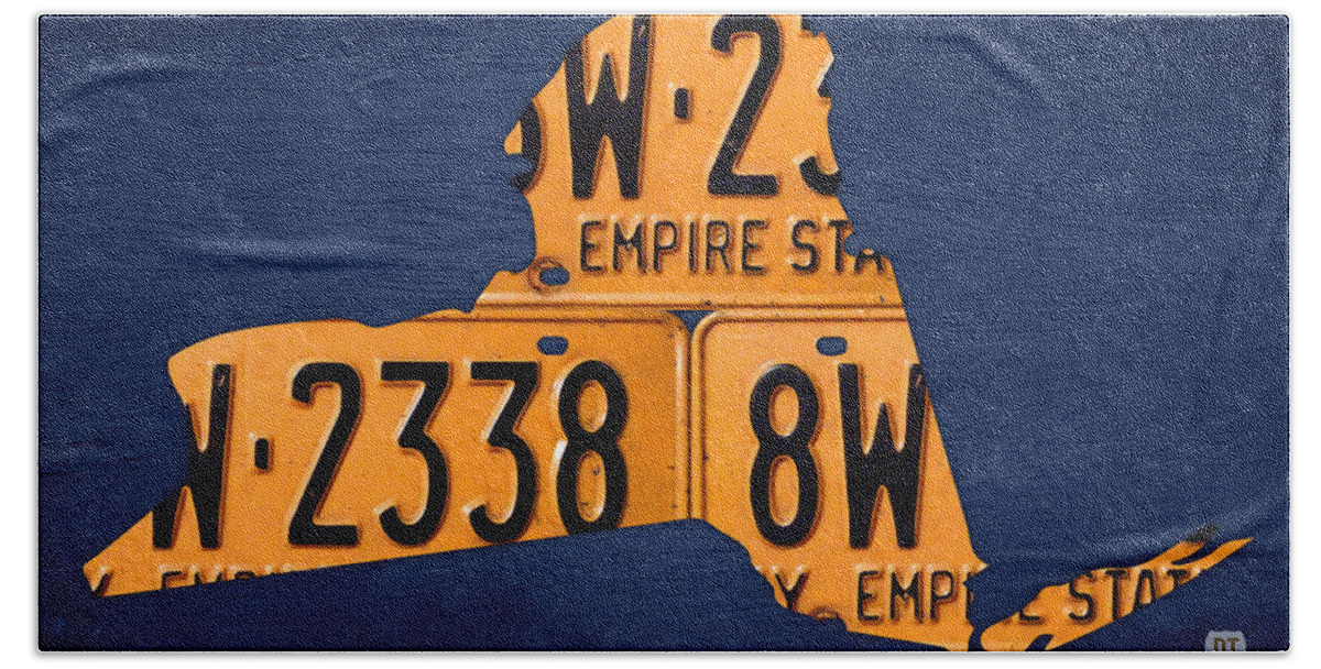 New York Hand Towel featuring the mixed media New York State License Plate Map by Design Turnpike