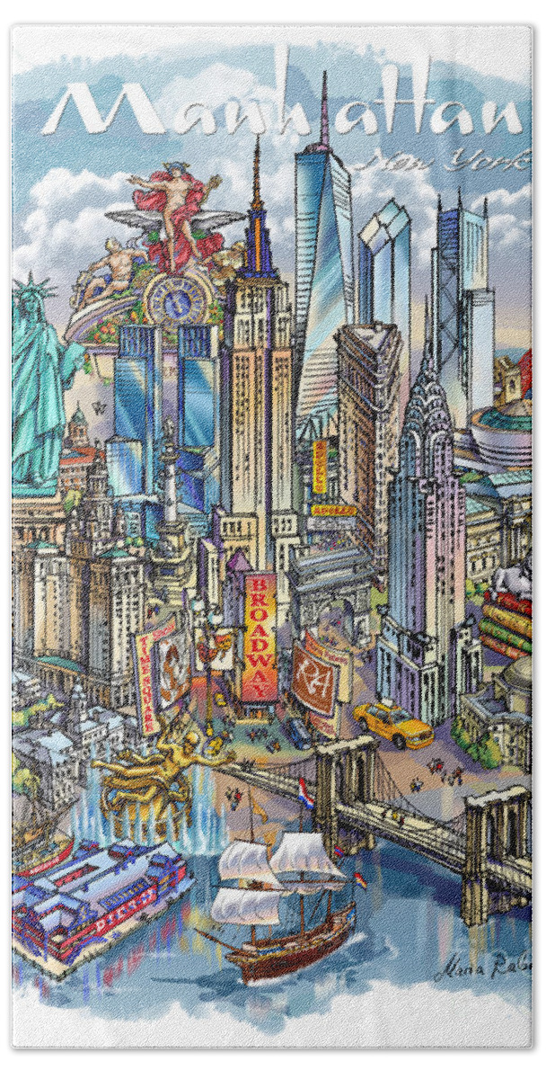 New York City Bath Towel featuring the painting New York Theme 1 by Maria Rabinky