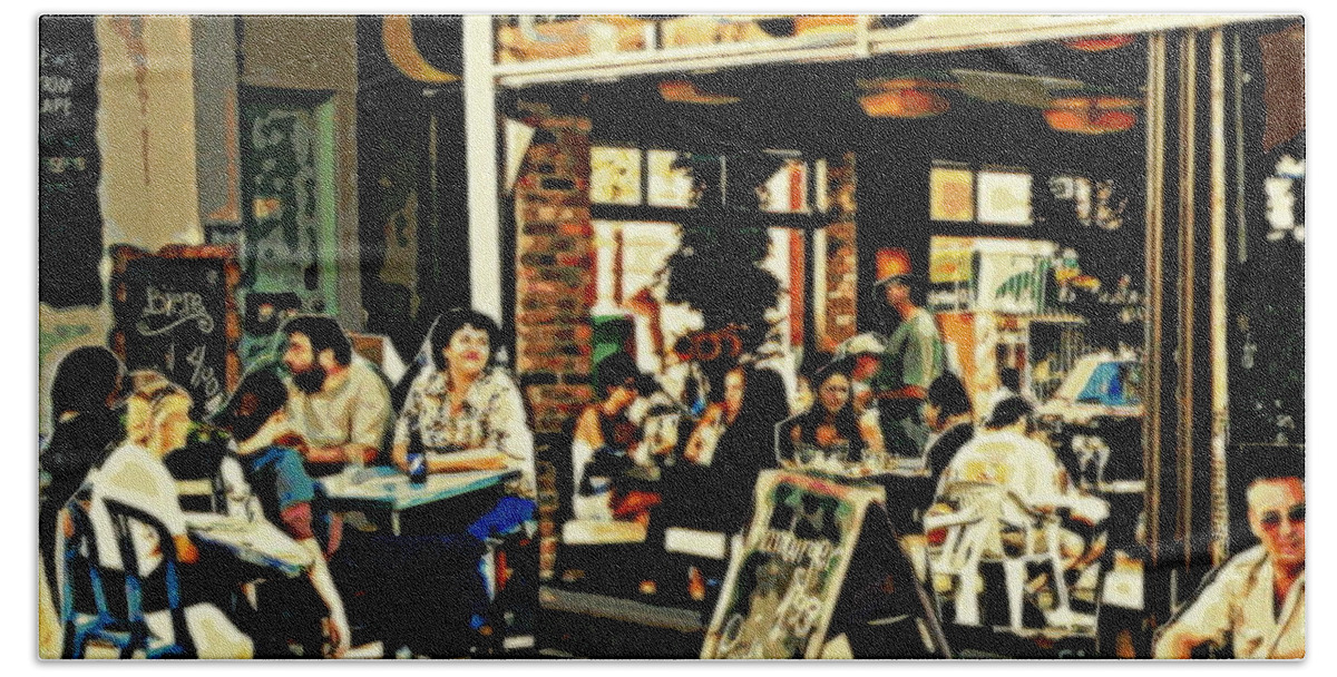 Summer Cafes Montreal Street Scenes Bath Towel featuring the painting Newsroom Cafe Terrace Hamburger Et Patates Fast Food Bistro Summer Montreal Cafe Scene by Carole Spandau