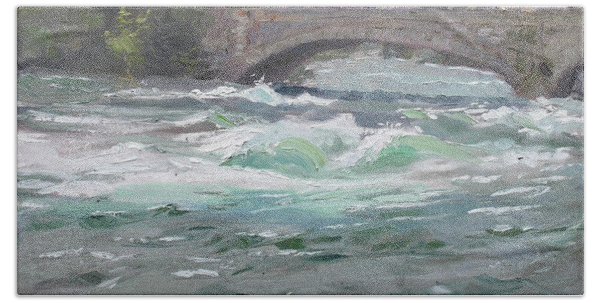 Niagara River Hand Towel featuring the painting Niagara Roaring River by Ylli Haruni
