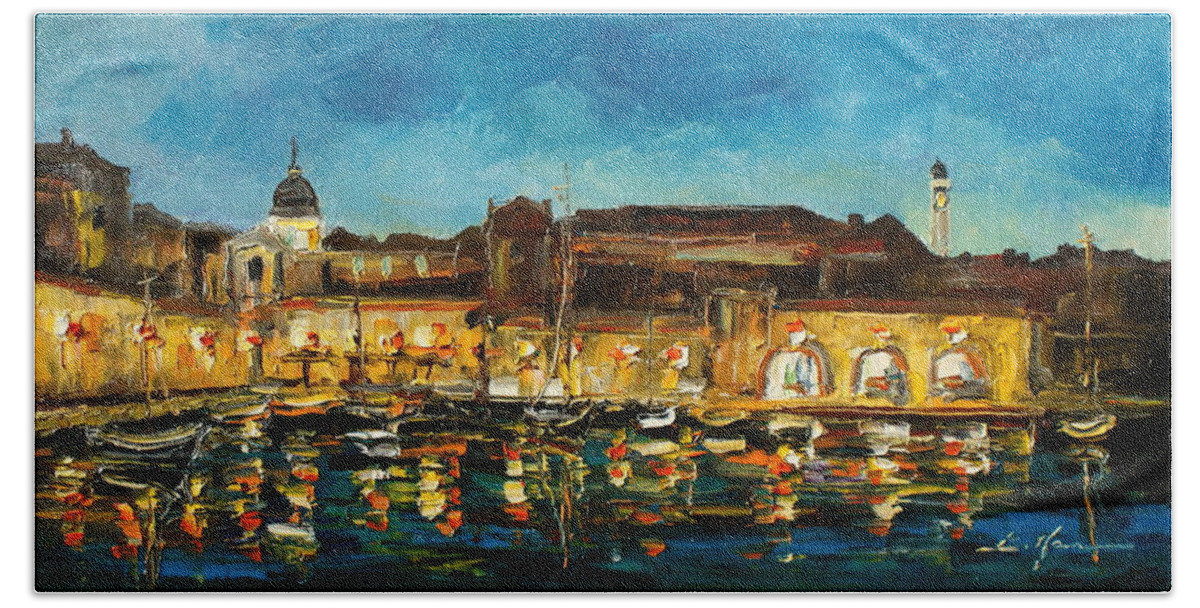 Dubrovnik Hand Towel featuring the painting Night in Dubrovnik harbour by Luke Karcz
