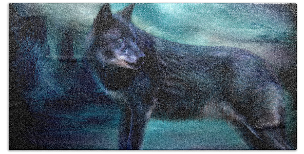 Wolf Bath Towel featuring the mixed media Night Of The Wolf by Carol Cavalaris