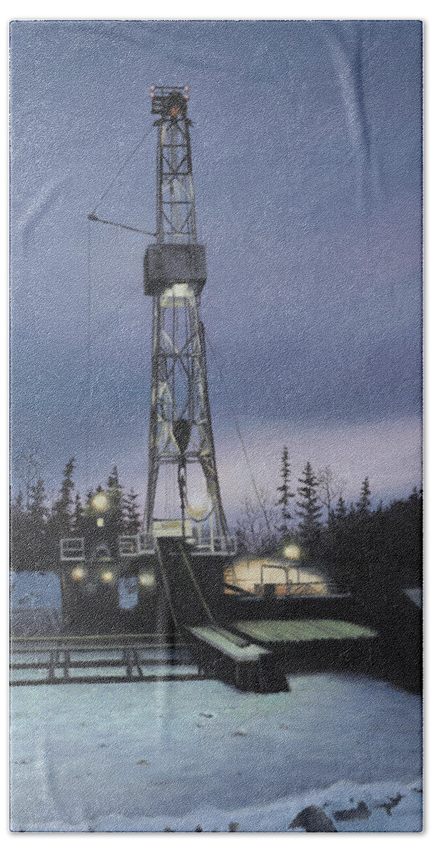 Drilling Rig Bath Towel featuring the painting Night Shift by Tammy Taylor