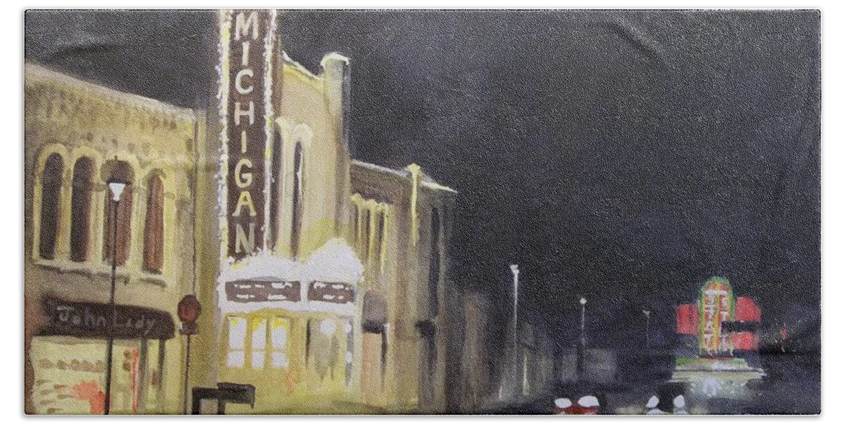 Town Bath Towel featuring the painting Night Time at Michigan Theater - Ann Arbor MI by Yoshiko Mishina
