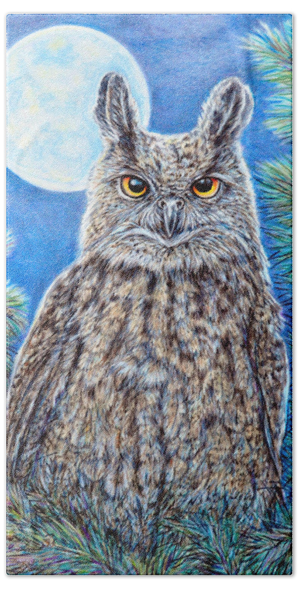 Nature Wildlife Birds Owl Moon Night Bath Towel featuring the painting Night Watchman by Gail Butler