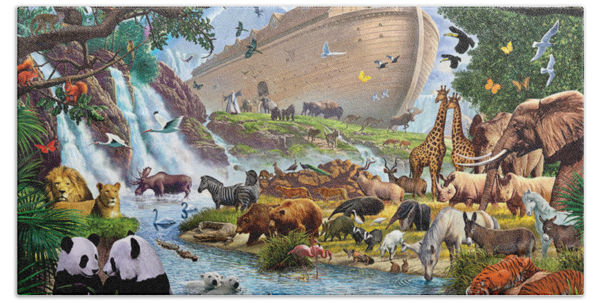 Animal Bath Sheet featuring the digital art Noahs Ark - The Homecoming by MGL Meiklejohn Graphics Licensing