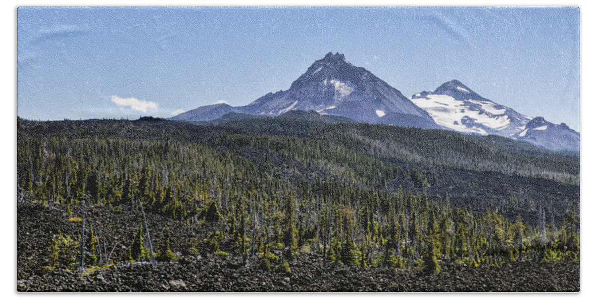 Lava Field Hand Towel featuring the photograph North and Middle Sister and the Lava Fields by Belinda Greb