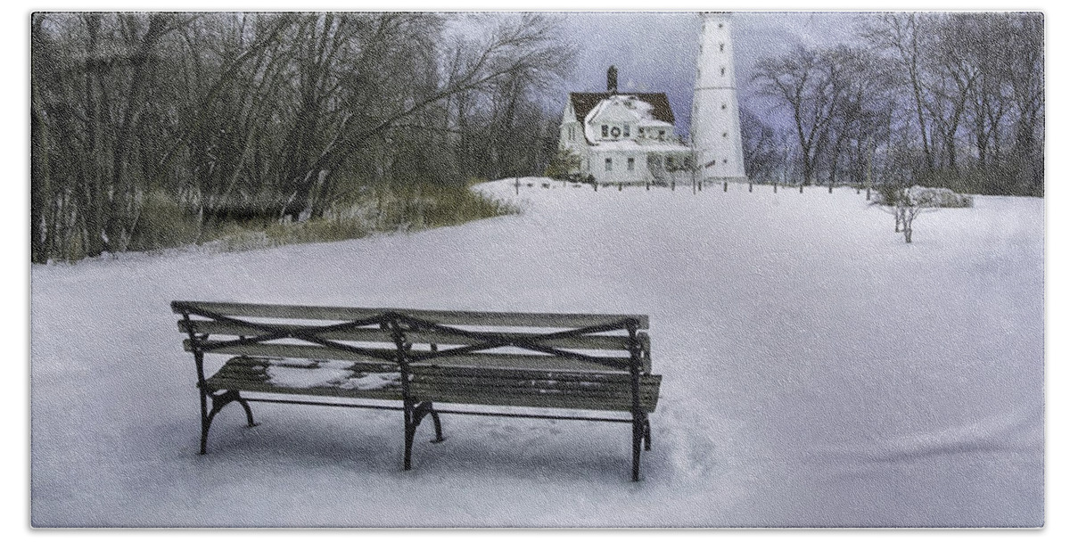 Lighthouse; Light House; Architecture; Beacon; Winter; Snow; Overcast; Cloudy; Cold; White; Tower; Keeper; House; Milwaukee; Lake Michigan; Structure; Building; Midwest; Shore; Nautical; Light Station; Coast; Frozen; Ice; Fine Art Photography; Scott Norris Photography; Bench; Sit; Rest; Park Bench; Wooden Bench Hand Towel featuring the photograph North Point Lighthouse and Bench by Scott Norris