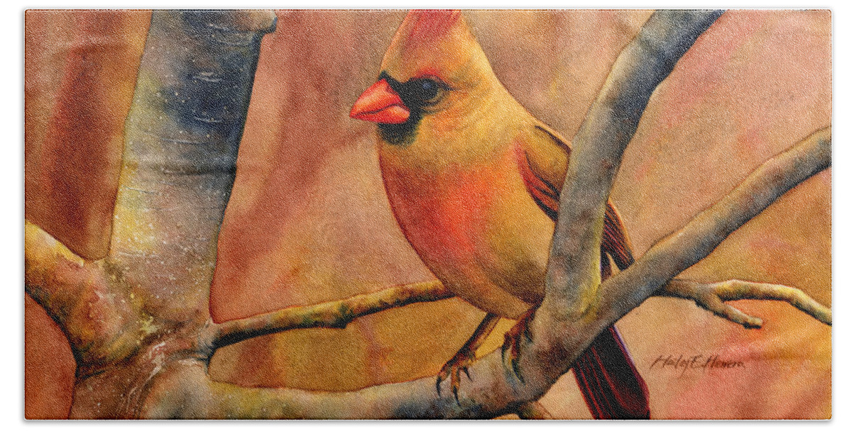 Cardinal Hand Towel featuring the painting Northern Cardinal II by Hailey E Herrera