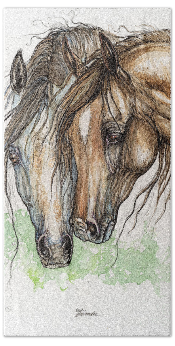  Horse Bath Towel featuring the painting Nose To Nose Watercolor Painting by Ang El