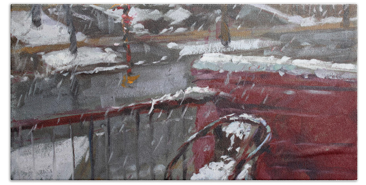 Snowfall In Mississauga Hand Towel featuring the painting First Snowfall Nov 17 2014 by Ylli Haruni