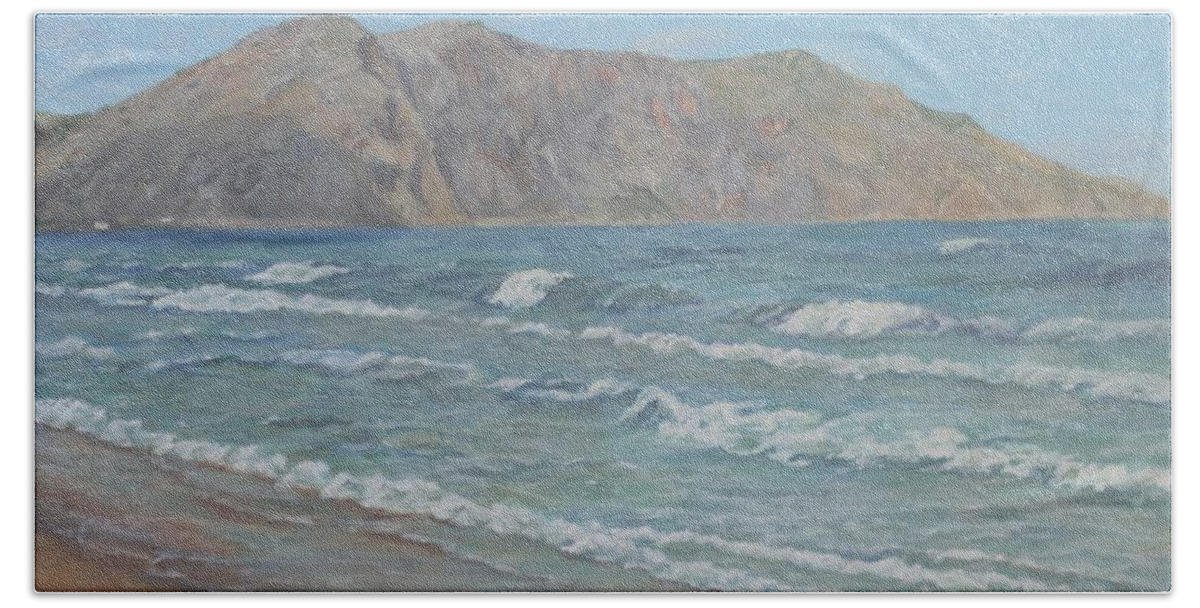 Sea Hand Towel featuring the painting November at Georgioupoli Crete by David Capon