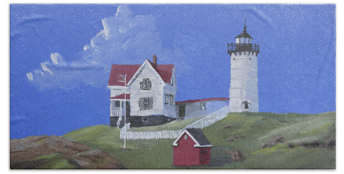 Nubble Hand Towel featuring the painting Nubble Lighthouse by Jerry McElroy