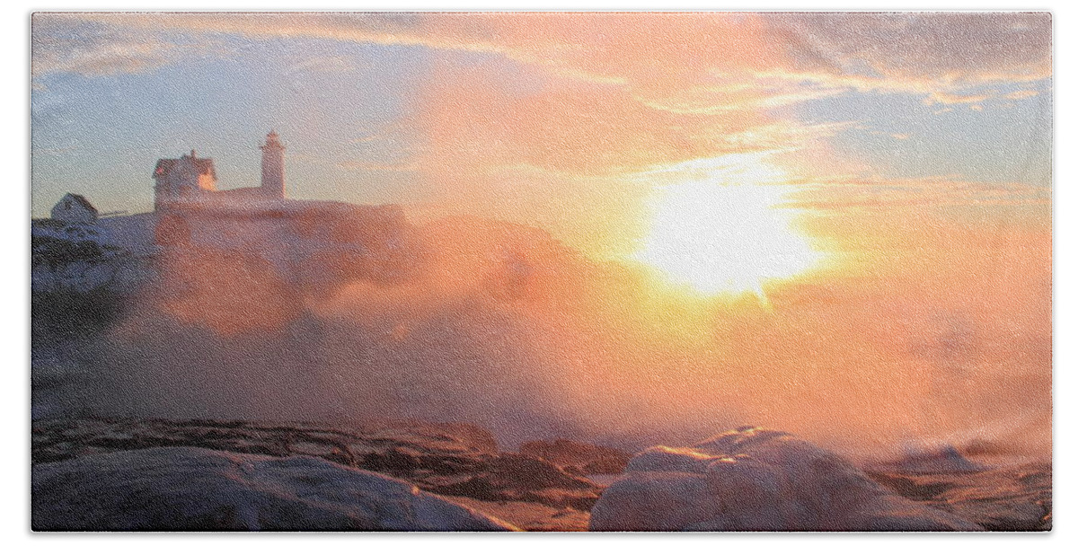Sea Smoke Bath Towel featuring the photograph Nubble Lighthouse Sea Smoke Sunrise Fog by John Burk