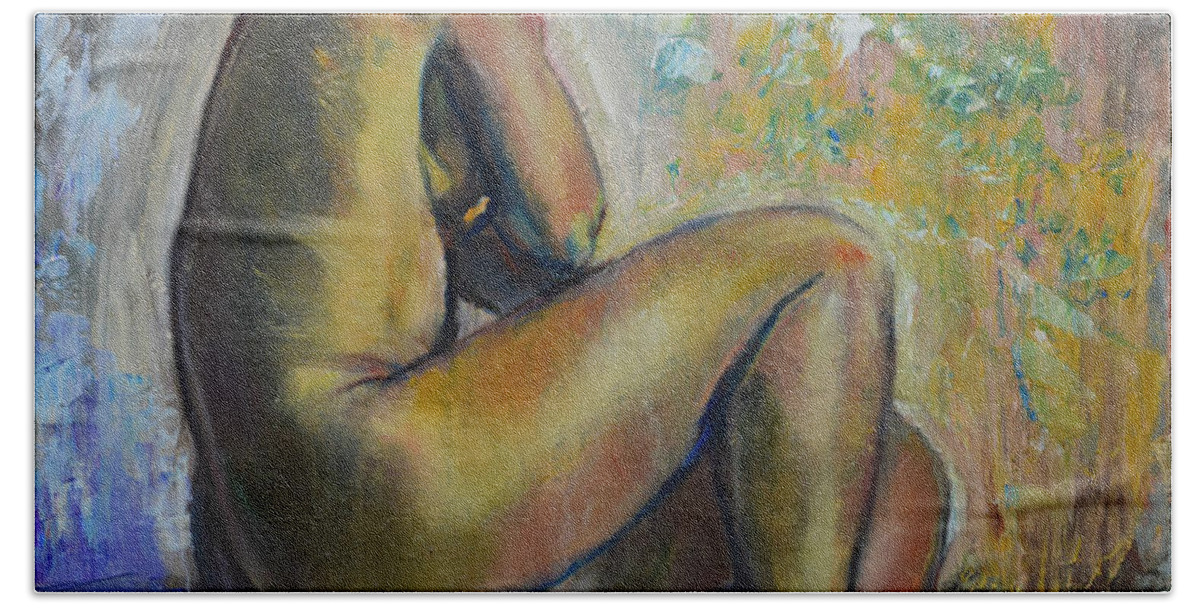 Raija Merila Hand Towel featuring the painting Nude Eva 1 by Raija Merila