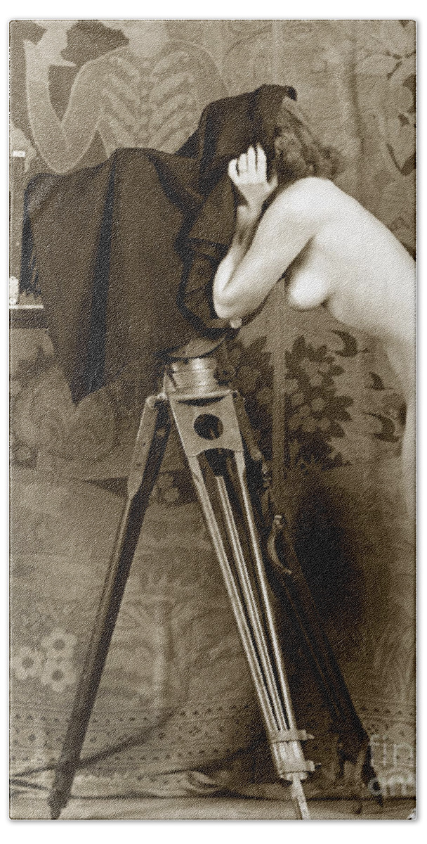 Nude Hand Towel featuring the photograph Nude in high heel shoes with studio camera circa 1920 by Monterey County Historical Society