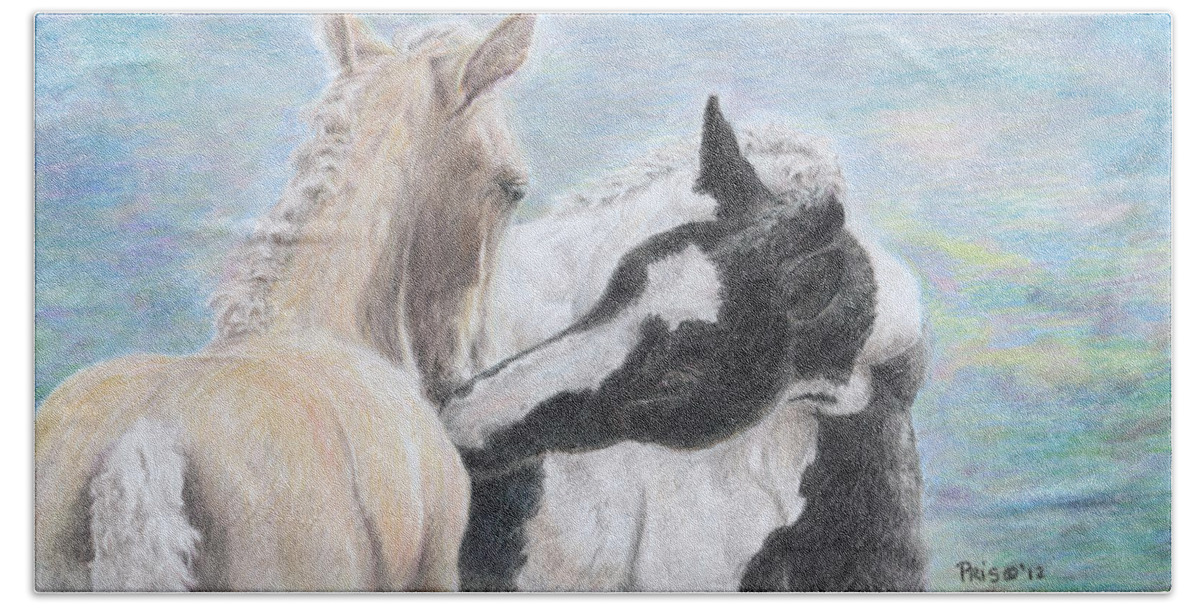Horse Bath Towel featuring the drawing Nuzzle Buddies by Pris Hardy