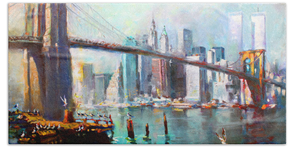 Nyc Bath Sheet featuring the painting NY City Brooklyn Bridge II by Ylli Haruni