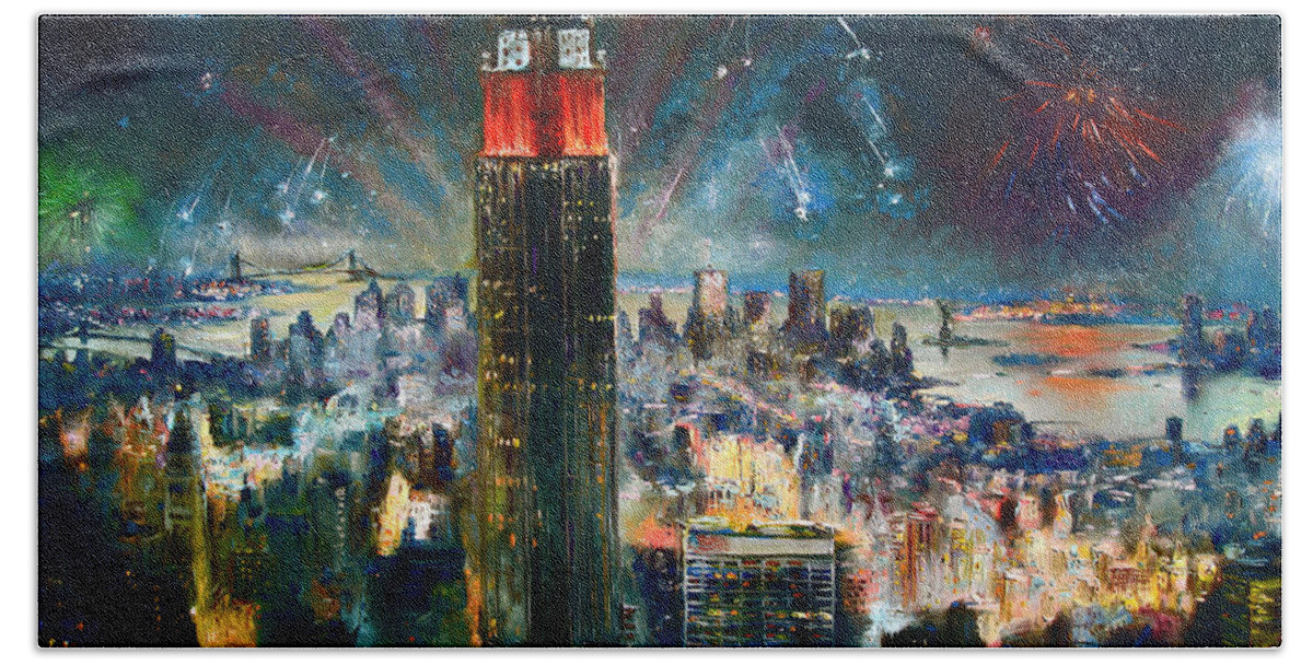 Nyc Hand Towel featuring the painting NYC in Fourth of July Independence Day by Ylli Haruni