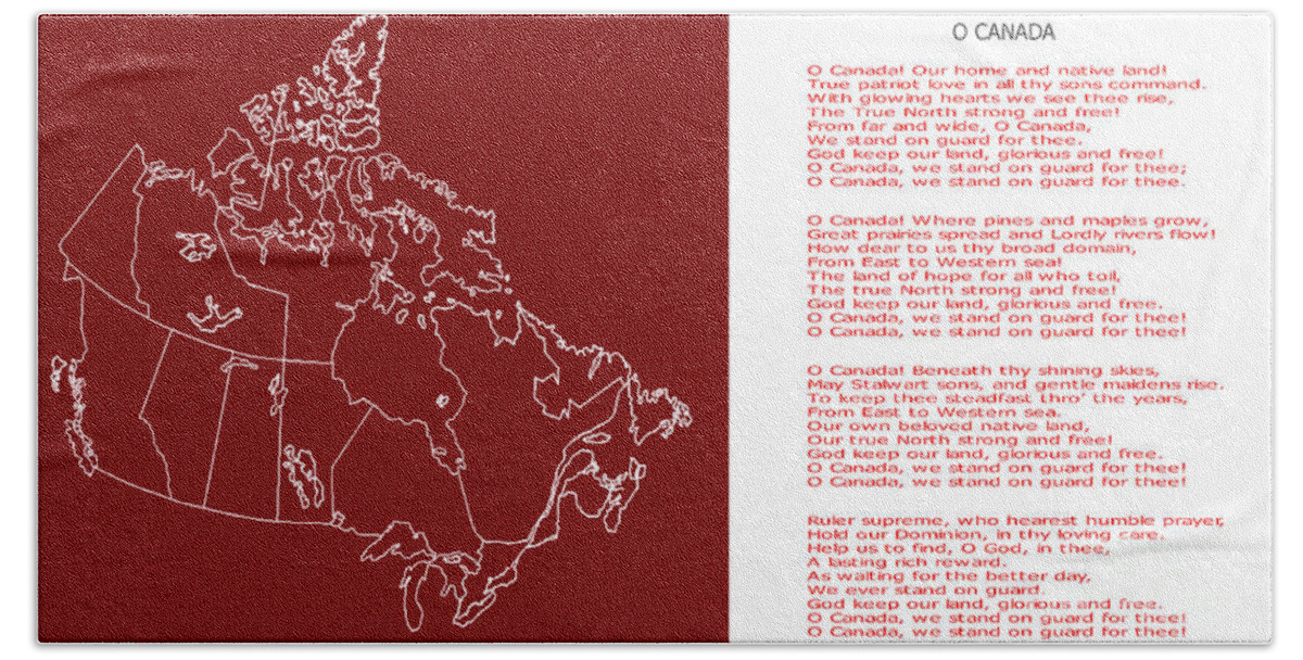 O Canada Lyrics And Map Bath Towel featuring the digital art O Canada Lyrics and Map by Barbara A Griffin