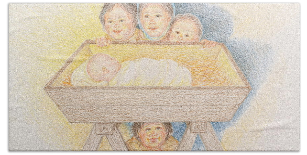 Christmas Card Bath Towel featuring the drawing O Come Little Children - Christmas Card by Michele Myers