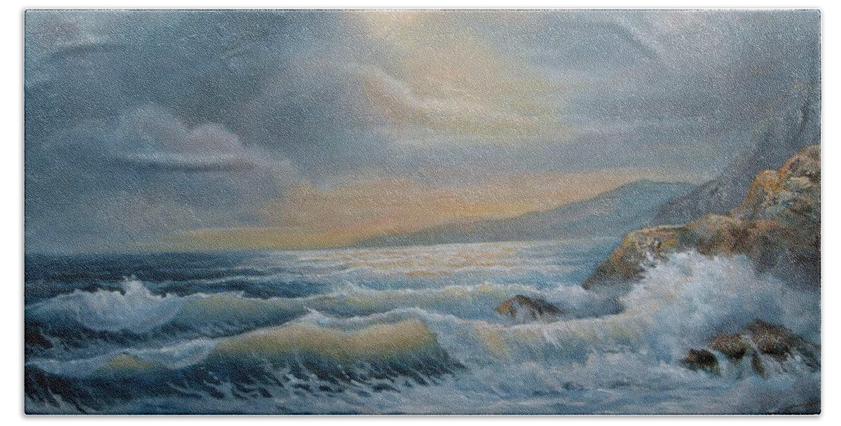 Ocean Oil Painting Bath Towel featuring the painting Ocean under the evening glow by Regina Femrite