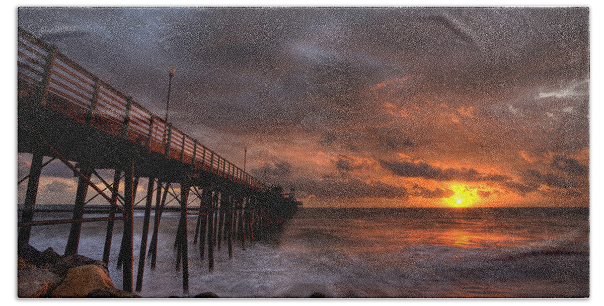 Sunset Hand Towel featuring the photograph Oceanside Pier Perfect Sunset by Peter Tellone