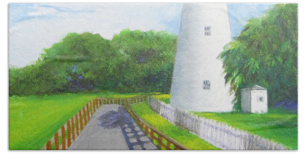 Lighthouse Bath Towel featuring the painting Ocracoke And Friend by Anne Marie Brown