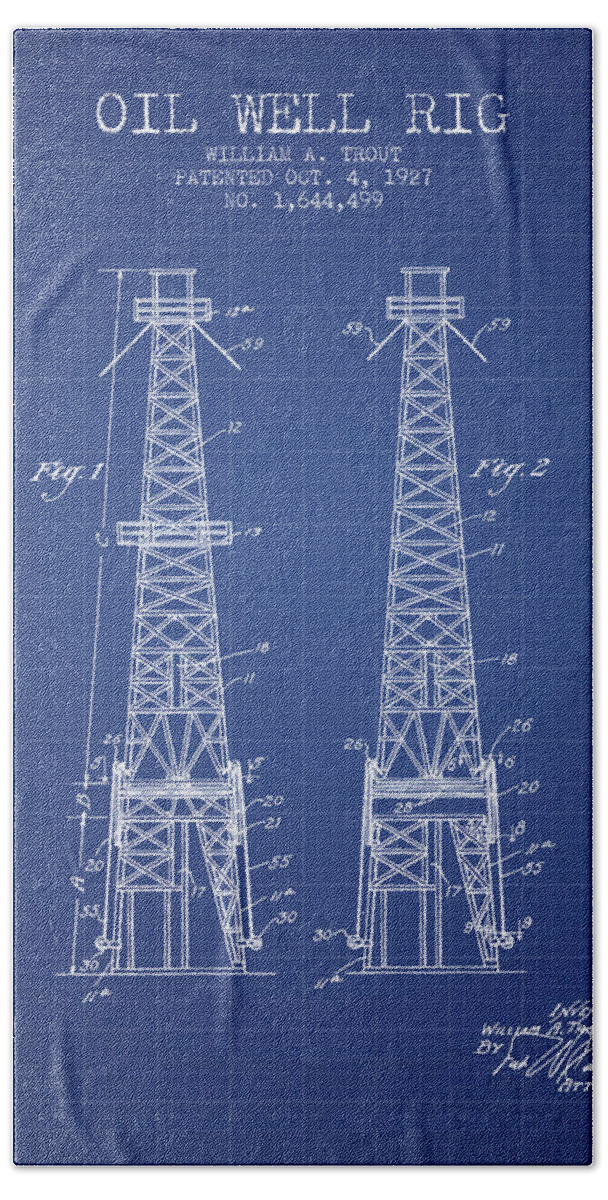 Oil Bath Towel featuring the digital art Oil Well Rig Patent from 1927 - Blueprint by Aged Pixel