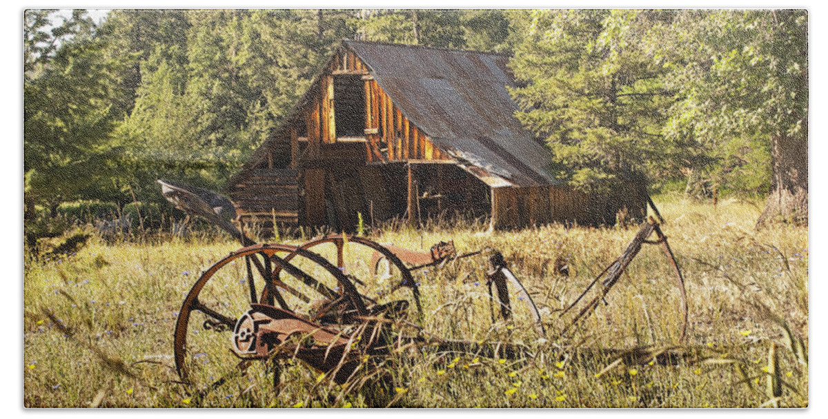 Barn Bath Towel featuring the photograph Old Barn and Plow by Abram House