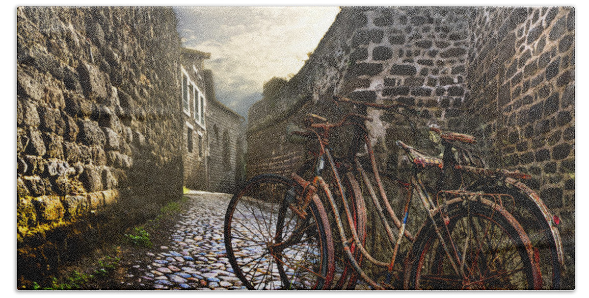 Barn Bath Sheet featuring the photograph Old Bicycles on a Sunday Morning by Debra and Dave Vanderlaan