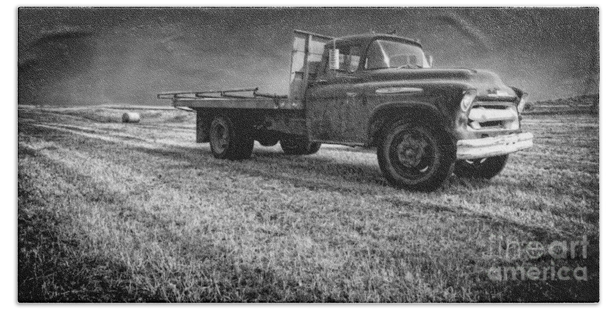 Truck Bath Towel featuring the photograph Old Farm Truck Black and White by Edward Fielding