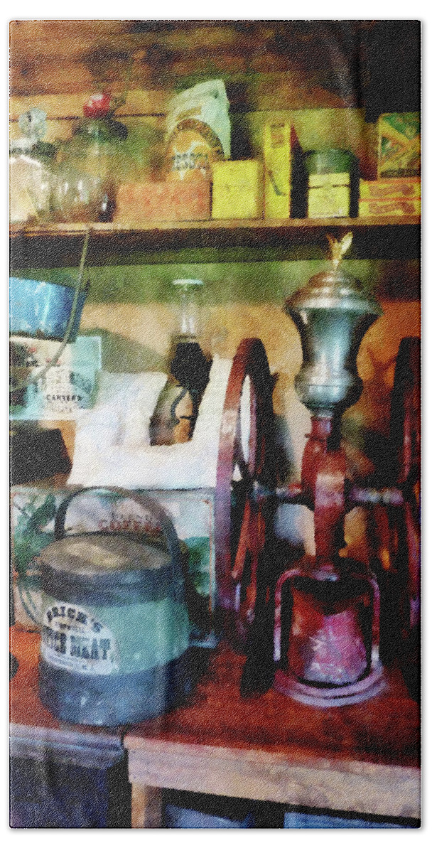 General Store Bath Towel featuring the photograph Old-Fashioned Coffee Grinder by Susan Savad