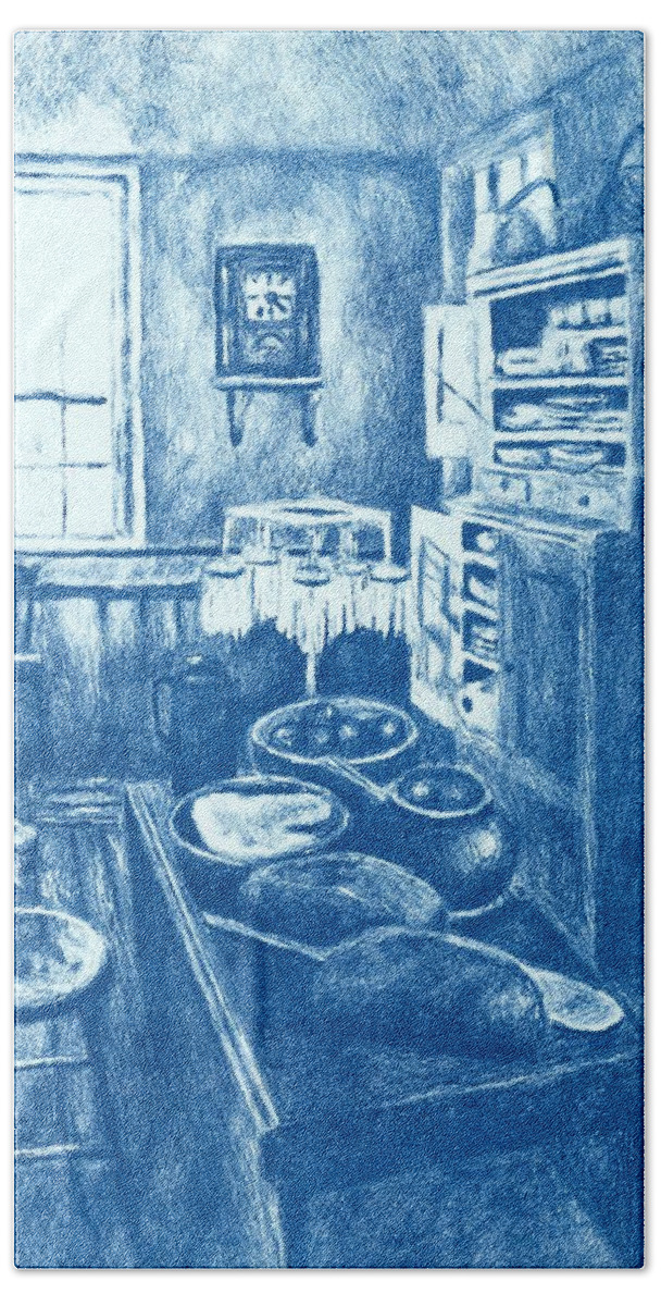 Lithograph Hand Towel featuring the drawing Old Fashioned Kitchen in Blue by Kendall Kessler