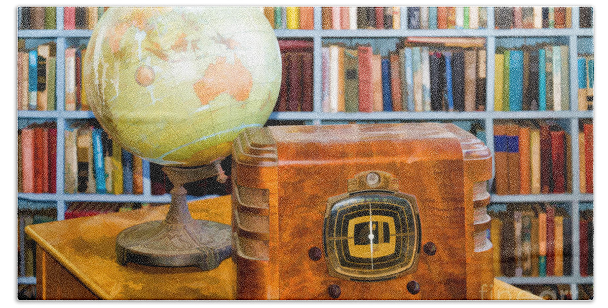 Old Bath Towel featuring the photograph Old globe and radio by Les Palenik