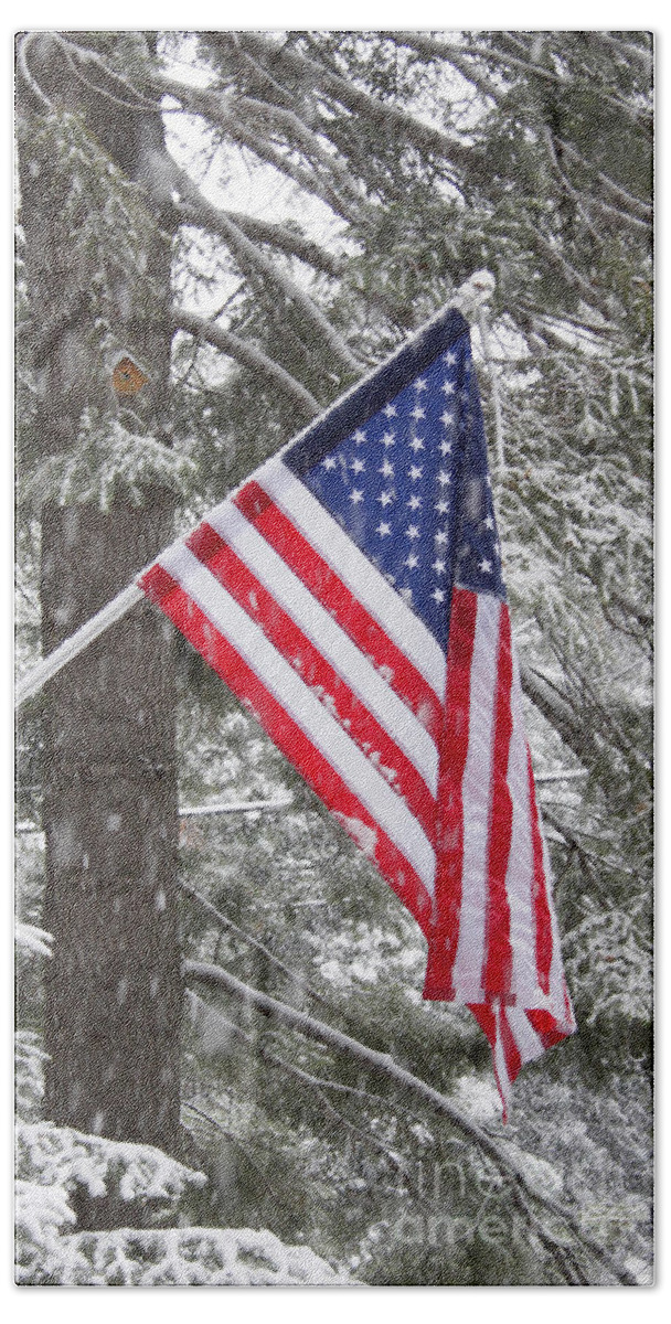 Winter Bath Towel featuring the photograph Old Glory in Winter and During a Snowstorm by Kenny Bosak