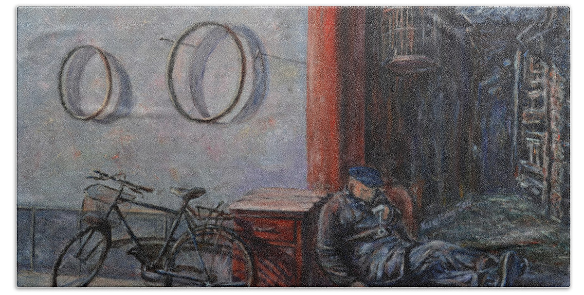 Ancient Bath Sheet featuring the painting Old Man and His Bike by Xueling Zou