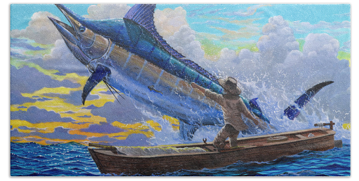 Marlin Hand Towel featuring the painting Old Man and the Sea Off00133 by Carey Chen